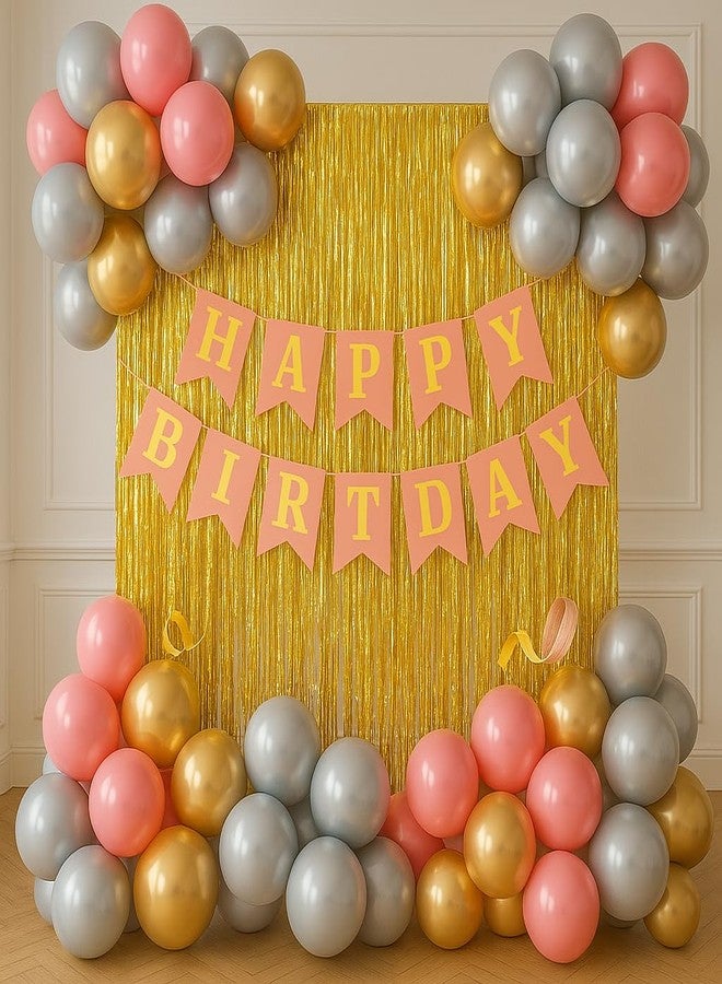 Flyloons Gold Pink Silver Birthday Decorations for Girls Set For Girls Women Mom Set of 52pcs happy birthday decoration items birthday decoration kit of Balloons, Foil Curtain Banner Curling Ribbon - Image 1
